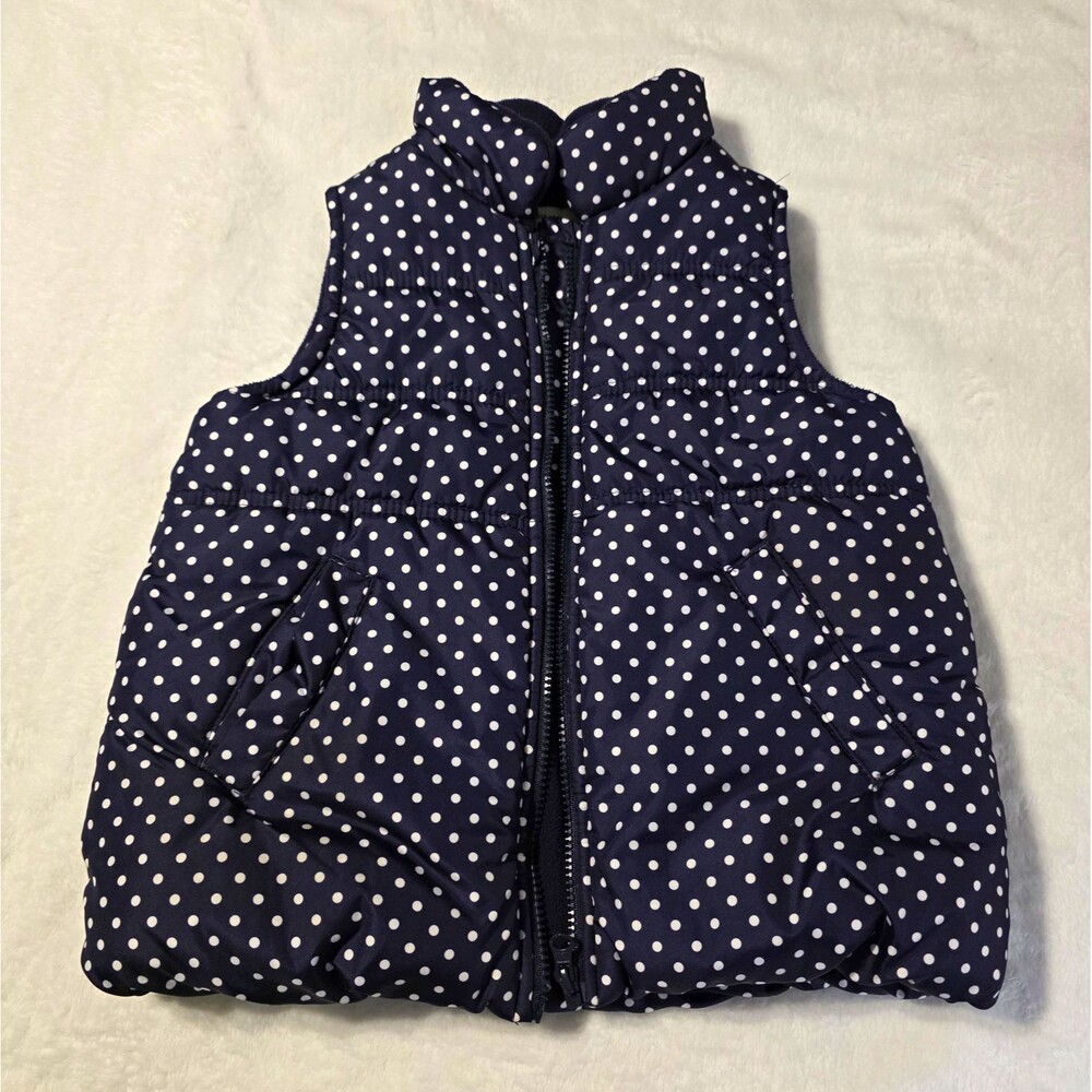 OshKosh B'gosh Puffer Vest Kids 5 Navy White Polka Dot Quilted Full Zip Pockets
